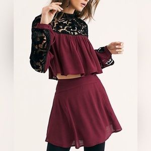 Free People Burgundy Maroon and Black Lace Velvet Top and Skirt Set Size 4